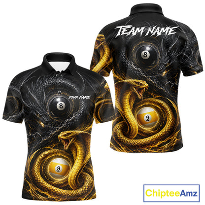 8 ball 9 ball cobra snake and dragon billiard polo shirt for men with custom pool team graphics.