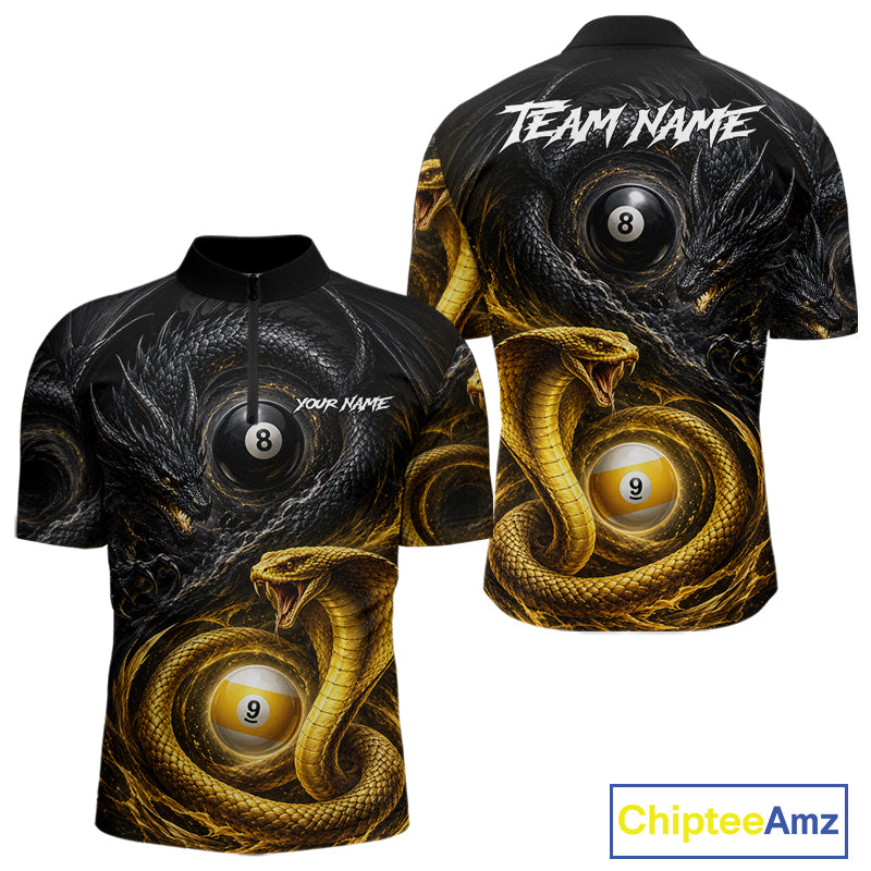 8 ball 9 ball cobra snake and dragon billiard quarter zip shirt for men designed for tournaments and league play.