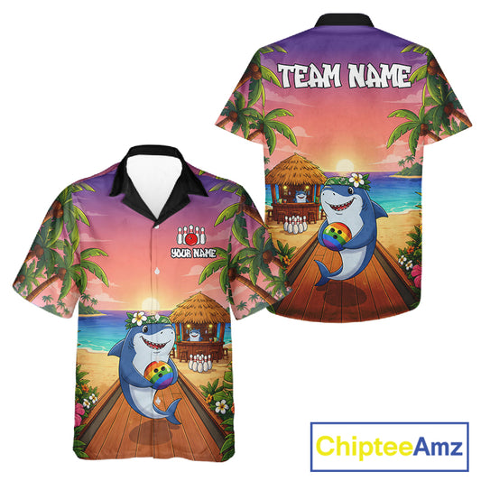 Funny Shark Sunset Tropical Hawaiian Bowling Shirts For Men Women Custom Bowling Team Jersey TDM6472