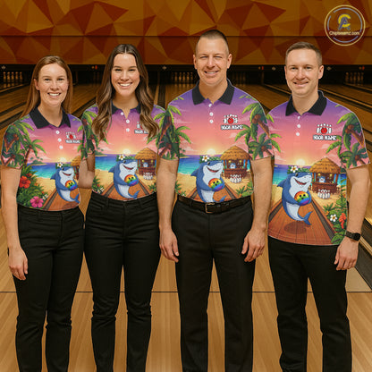 Funny Shark Sunset Tropical Bowling Shirts For Men Custom Bowling Polo & 1/4 Zip, Bowling Gifts TDM6472