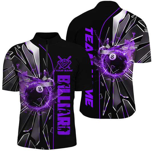 Personalized Purple Glass Crack 8 Ball Billiard Men Polo & Quarter-Zip Shirts, 8 Ball Pool Jerseys TDM1736