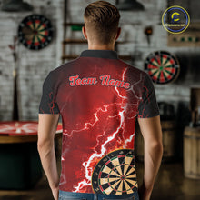 Load image into Gallery viewer, Man wearing custom red lightning darts polo shirt back view.