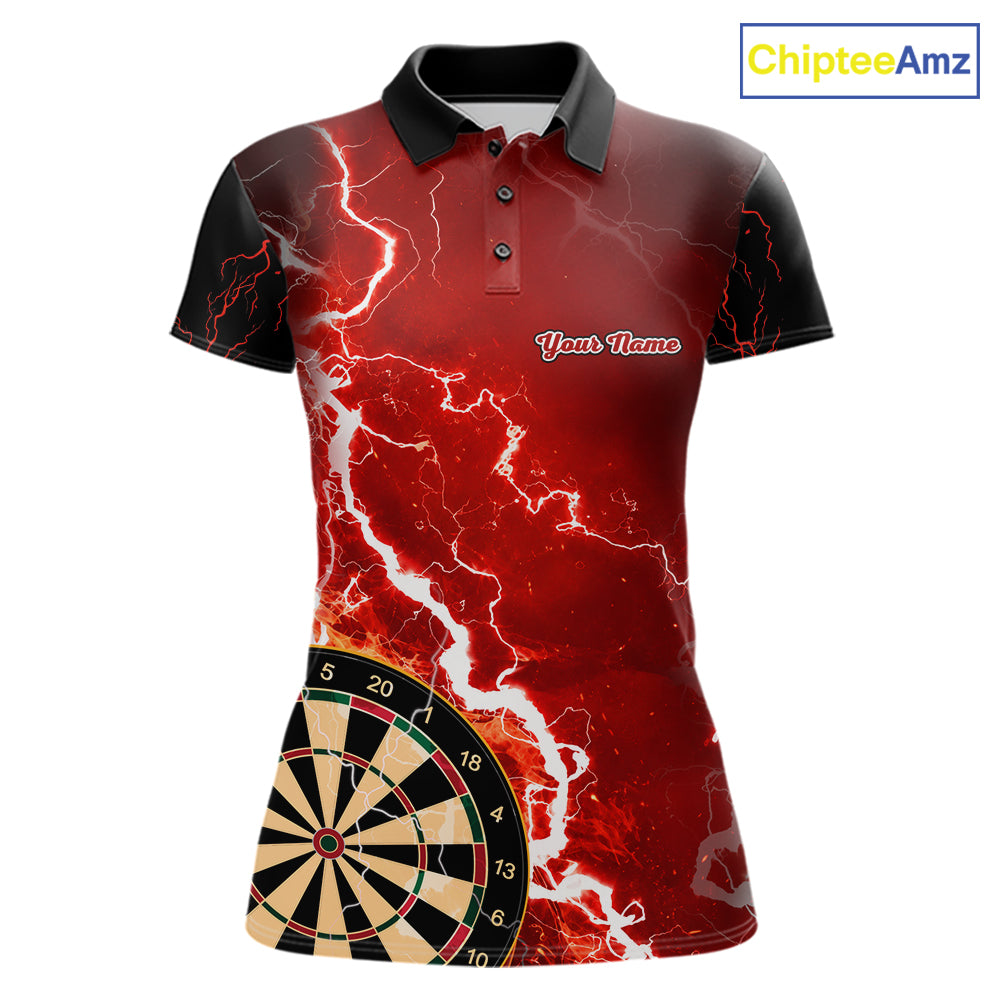 Custom red lightning darts team jersey polo shirt for women, personalized dart shirt with bold lightning graphics for darts league players.