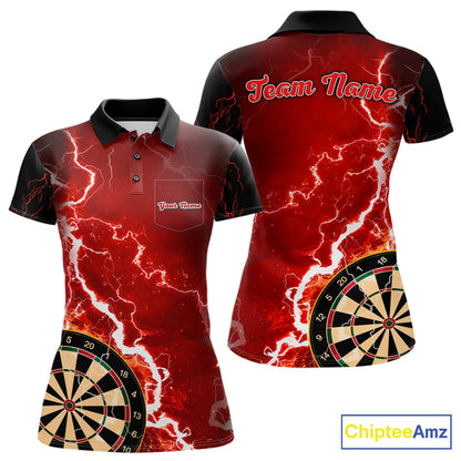 Custom red lightning darts team jersey polo shirt with left chest pocket for women, personalized lightning dart league shirt.