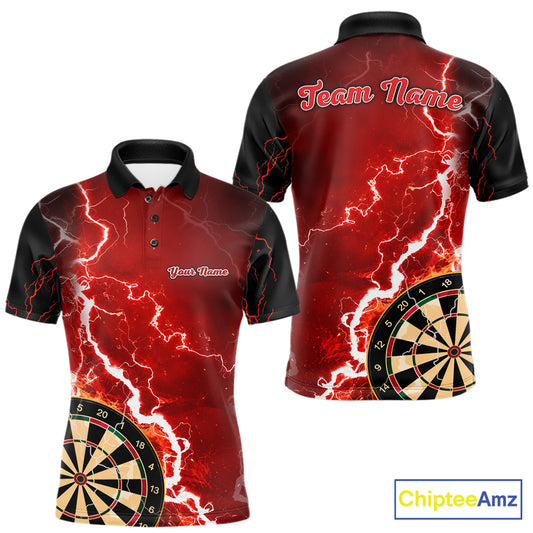 Custom red lightning darts team jersey polo shirt for men, personalized dart shirt with bold lightning graphics for darts league players.