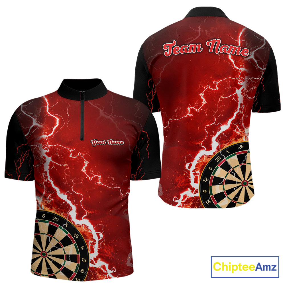 Custom red lightning darts quarter zip shirt with left chest pocket for men, personalized darts team jersey.