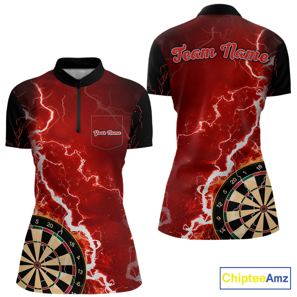 Custom red lightning darts quarter zip shirt with left chest pocket for women, personalized darts team jersey.