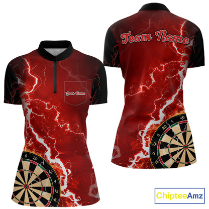 Custom red lightning darts quarter zip shirt with left chest pocket for women, personalized darts team jersey.