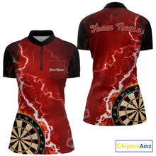 Load image into Gallery viewer, Custom red lightning darts quarter zip shirt with left chest pocket for women, personalized darts team jersey.