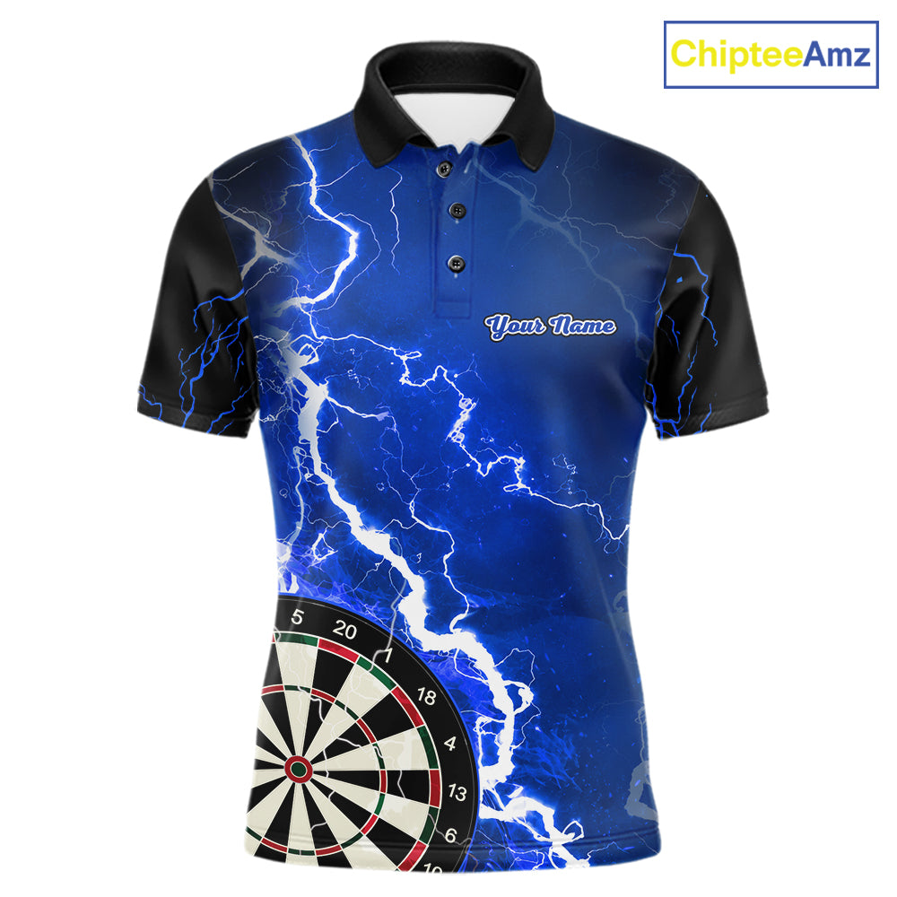 Custom blue lightning darts team jersey polo shirt for men, personalized dart shirt with electric lightning graphics for darts league players.