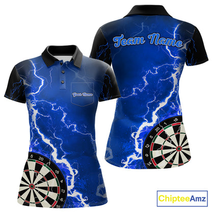 Custom blue lightning darts team jersey polo shirt with left chest pocket for women, personalized lightning dart league shirt.