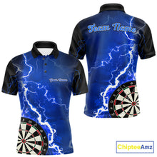 Load image into Gallery viewer, Custom blue lightning darts team jersey polo shirt for men, personalized dart shirt with electric lightning graphics for darts league players.