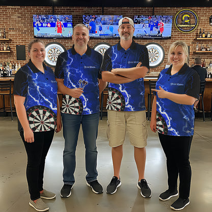 Darts team wearing matching blue lightning darts jerseys front view.