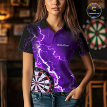 Load image into Gallery viewer, Woman wearing custom purple lightning darts polo shirt front view.