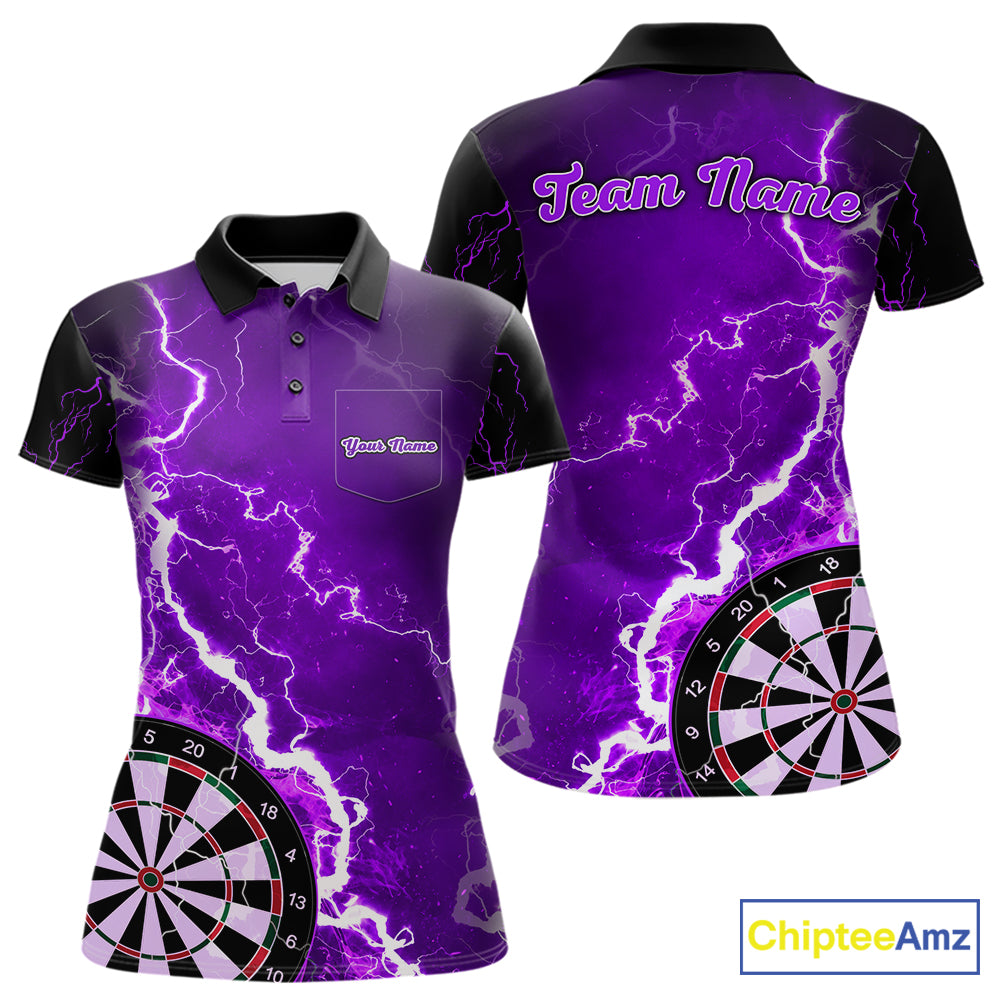 Custom purple lightning darts team jersey polo shirt with left chest pocket for women, personalized lightning dart league shirt.