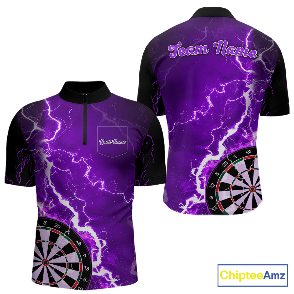 Custom purple lightning darts quarter zip shirt with left chest pocket for men, personalized darts team jersey.