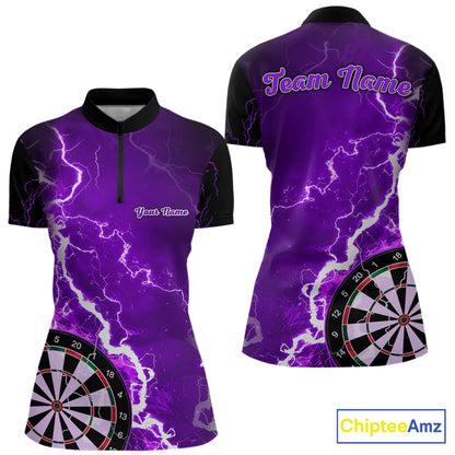 Custom purple lightning darts team quarter zip shirt for women with bold lightning graphics and personalized darts jersey design.