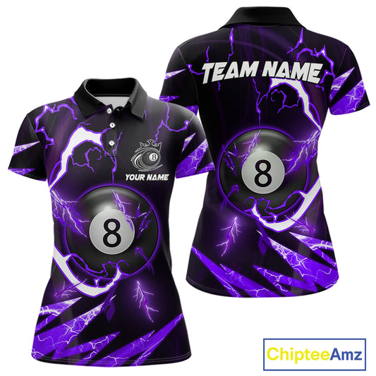 Personalized Purple 8 Ball Pool Billiard Shirts For Women Custom Thunder Lightning Pool Jerseys TDM5878