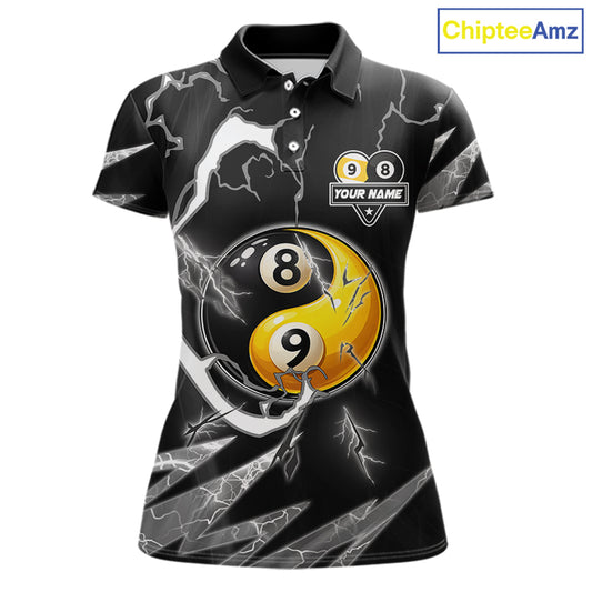 Personalized White Black 8 Ball 9 Ball Yin-Yang Billiard Shirt For Women, Lightning Pool Team Jersey TDM5879