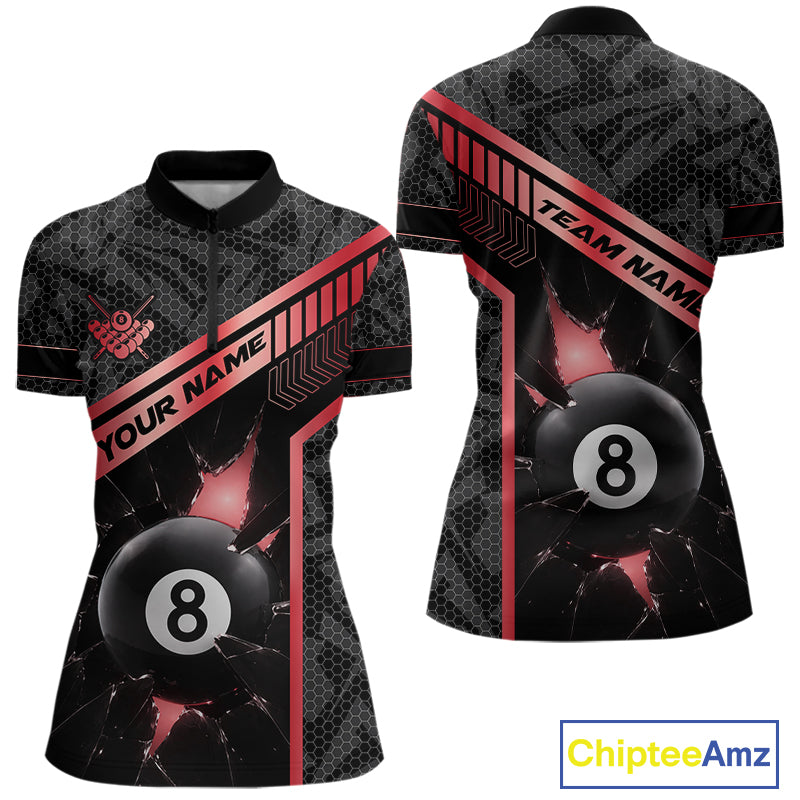 Black And Red 8 Ball Break Glass Billiard Shirt For Women Custom Pool Team Jersey Polo & 1/4 Zip TDM6253