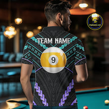 Load image into Gallery viewer, Man wearing custom teal and purple tribal 9 ball pool billiard polo shirt back view.