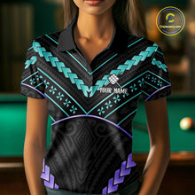 Load image into Gallery viewer, Woman wearing custom teal and purple tribal 9 ball pool billiard polo shirt front view.
