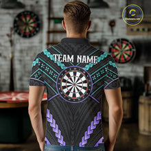 Load image into Gallery viewer, Man wearing custom teal and purple tribal dartboard darts polo shirt back view.