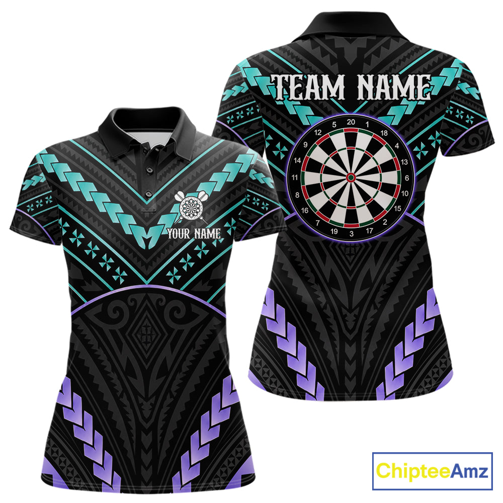 Custom teal and purple tribal dartboard darts team jersey polo shirt for women, personalized darts league apparel and tournament jersey.