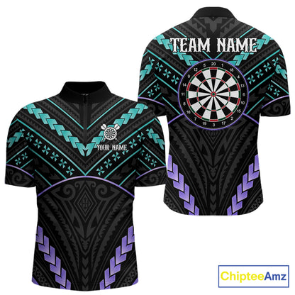 Custom teal and purple tribal dartboard darts quarter zip shirt for men, personalized darts team jersey.