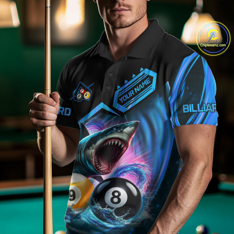 Man wearing blue 8 ball and 9 ball pool billiard shark team jersey featuring shark, 8 ball and 9 ball artwork, front view.