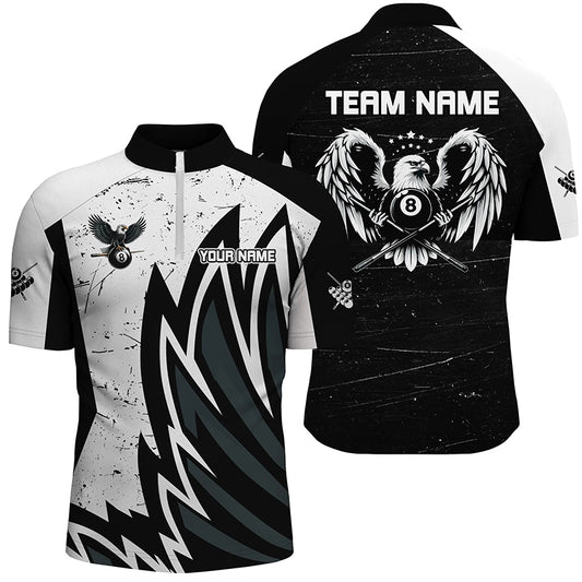Personalized Grunge Black White Eagle Wings Billiard Shirts For Men, Billiard Jersey Short Sleeves TDM2446