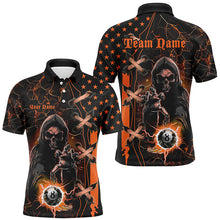 Load image into Gallery viewer, Orange Death Skeleton Lightning US Flag Billiard Shirts For Men, Scary Halloween Billiard Jerseys TDM2676