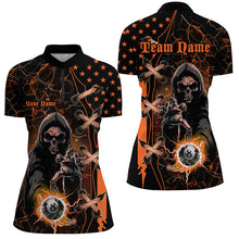 Load image into Gallery viewer, Orange Death Skeleton Lightning US Flag Billiard Shirts For Women, Scary Halloween Billiard Jerseys TDM2676