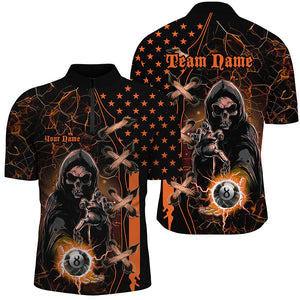 Orange Death Skeleton Lightning US Flag Billiard Shirts For Men, Scary Halloween Billiard Jerseys TDM2676