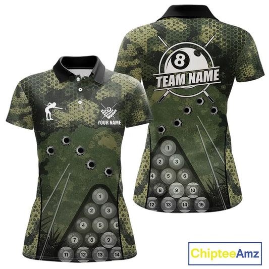 Green Camo 8 Ball Billiard Shirt For Women Custom Pool Team Shirt, Billiard Jersey Polo & 1/4 Zip TDM5655
