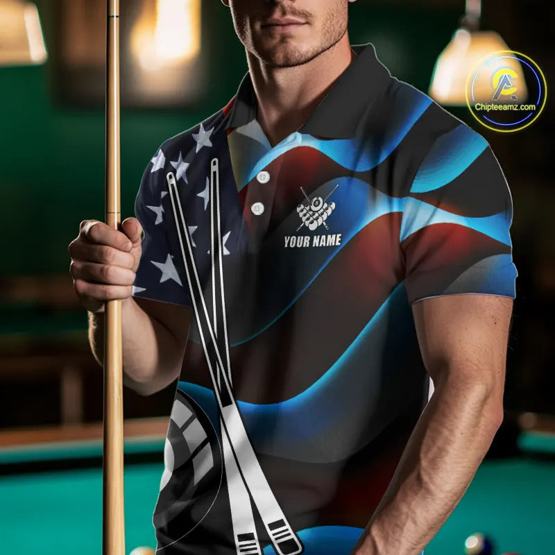 Glowing American Flag 8 Ball Pool Billiard Shirt For Men Custom Patriotic Billiard Team Jersey TDM5658