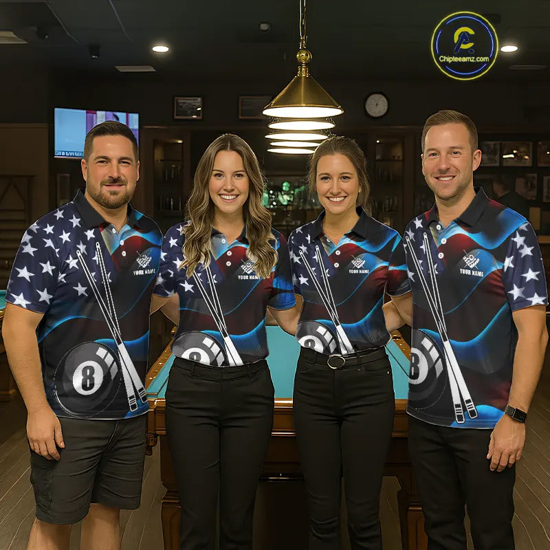 Glowing American Flag 8 Ball Pool Billiard Shirt For Women Custom Patriotic Billiard Team Jersey TDM5658