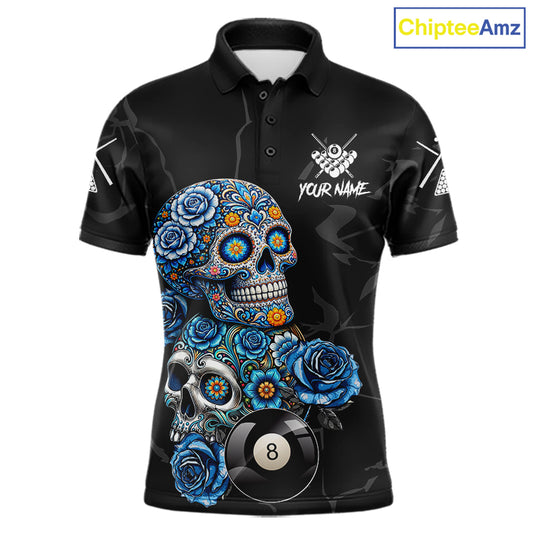 Personalized Blue 8 Ball Sugar Skull Billiard Shirt For Men, Pool Team Jersey Polo & 1/4 Zip TDM6261