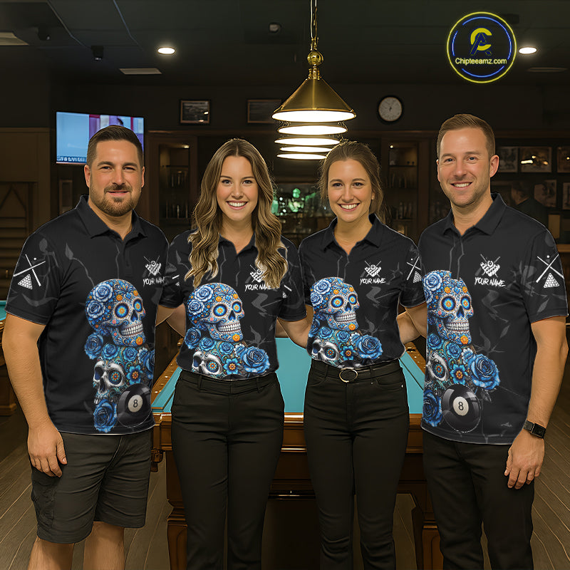 Personalized Blue 8 Ball Sugar Skull Billiard Shirt For Men, Pool Team Jersey Polo & 1/4 Zip TDM6261
