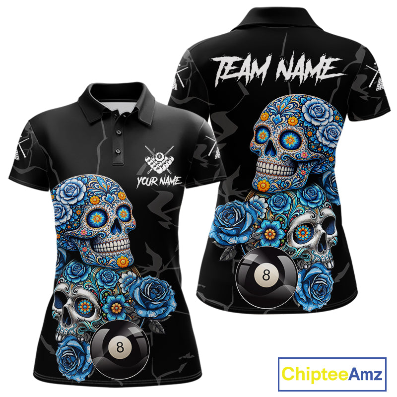 Personalized Blue 8 Ball Sugar Skull Billiard Shirt For Women, Pool Team Jersey Polo & 1/4 Zip TDM6261