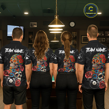 Custom Colorful Sugar Skull Billiard Shirt For Men, 8 Ball Pool Team Jersey Polo & 1/4 Zip TDM6262