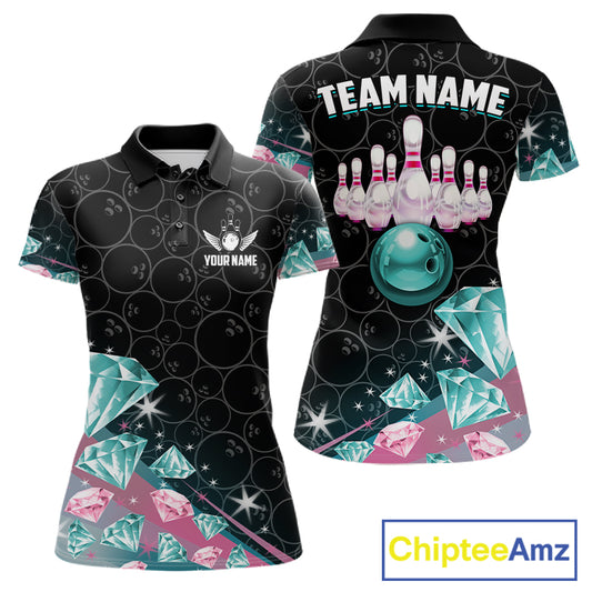 Custom Pink Turquoise Diamonds Bowling Shirt For Women, Glowing Bowling Team Jersey Polo & 1/4 Zip TDM6270