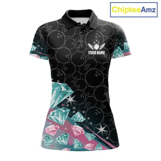 Custom Pink Turquoise Diamonds Bowling Shirt For Women, Glowing Bowling Team Jersey Polo & 1/4 Zip TDM6270