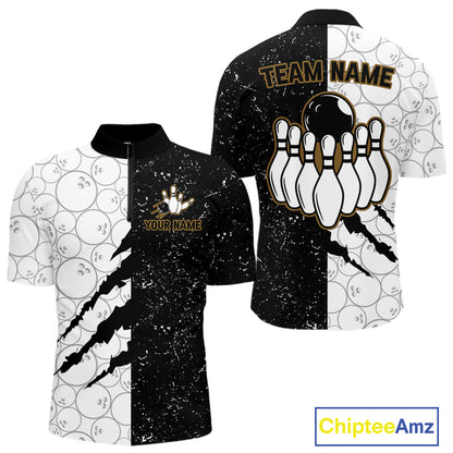 Custom Grunge Black White Bowling Shirt For Men, Bowling Tournament Team Shirt Polo & 1/4 Zip TDM6271