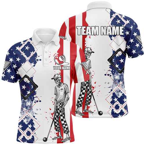 Personalized Argyle US Flag Funny Skeleton Men Billiard Shirts, Patriotic Billiard Team Jerseys TDM1759