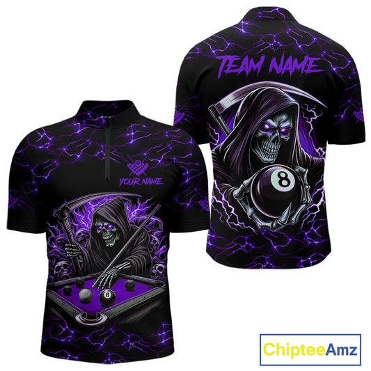 Purple Funny Grim Reaper 8 Ball Pool Men Billiard Shirts Custom Name Lightning Billiard Jerseys TDM2160