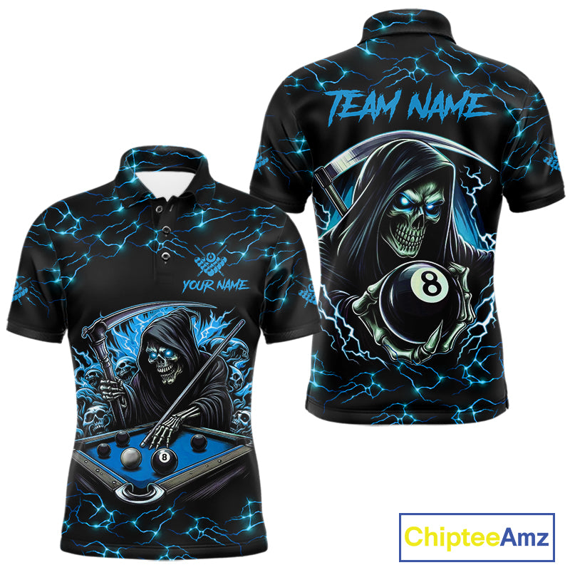 Blue Funny Grim Reaper 8 Ball Pool Men Billiard Shirts Custom Name Lightning Billiard Jerseys TDM2161