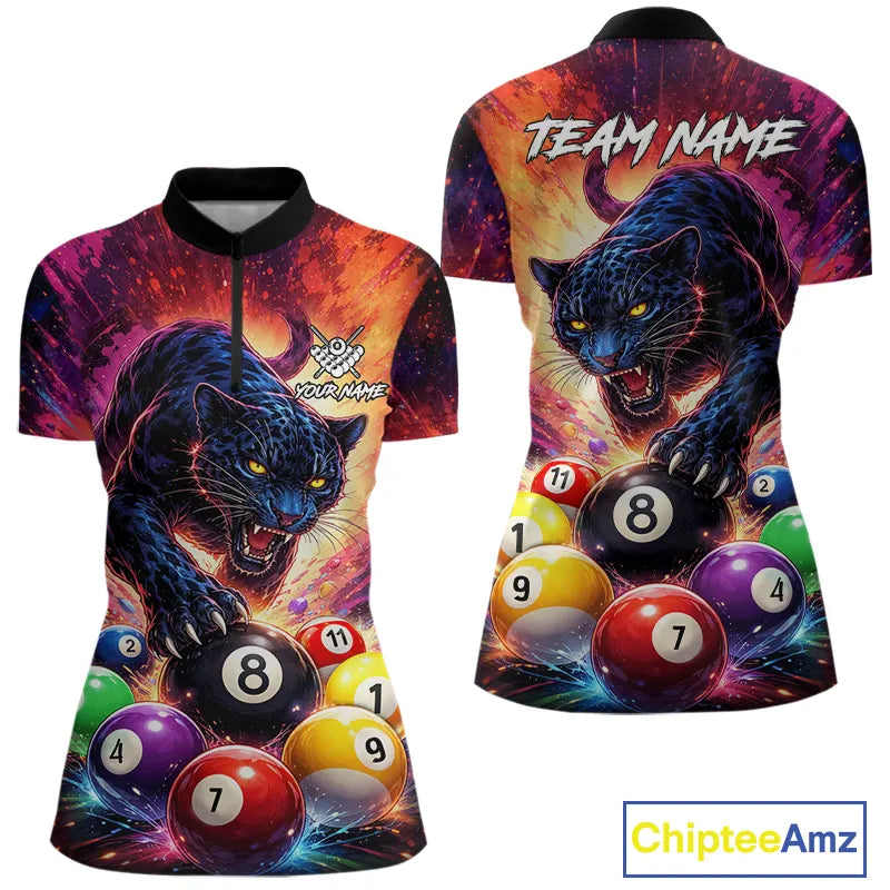 Colorful Billiard Balls Panther 8 Ball Pool Shirt For Women Custom Billiard Jersey Polo & 1/4 Zip TDM5669