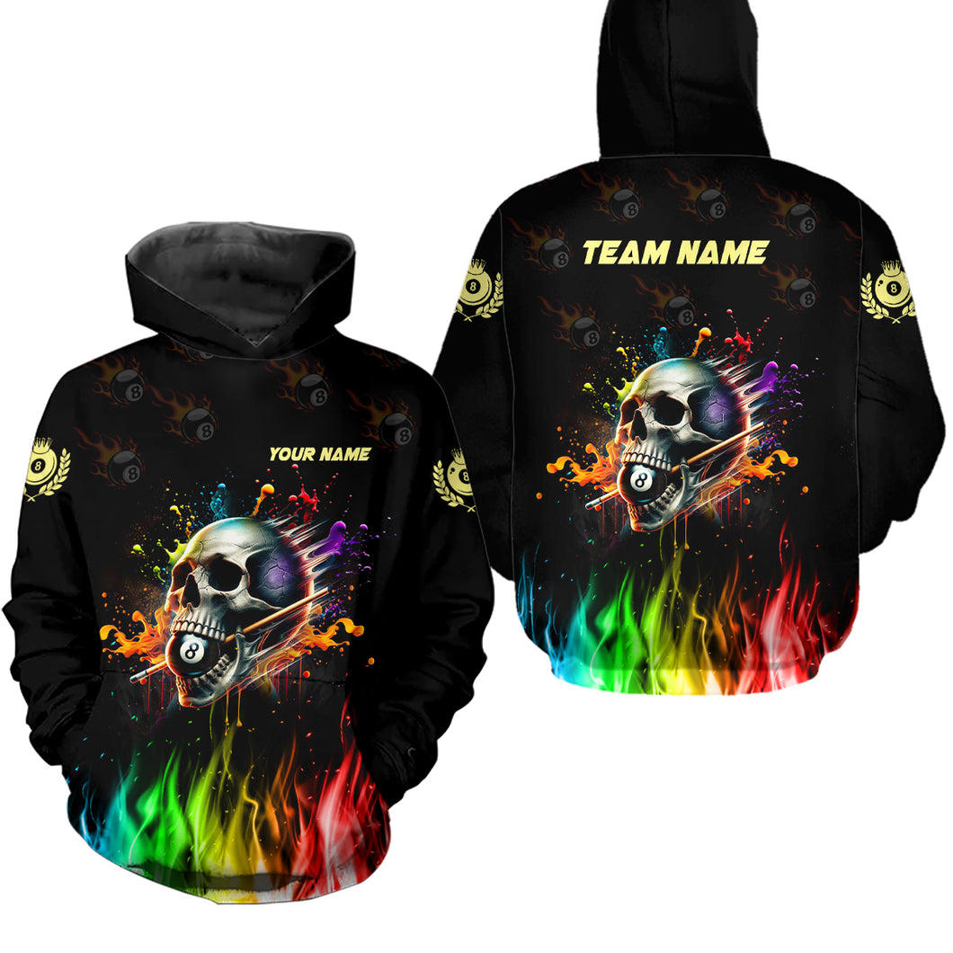 Funny Billiard Colorful Skull Custom Men 8 Ball Hoodie, Personalized 3D Billiard Hoodie For Pool Player TDM1066