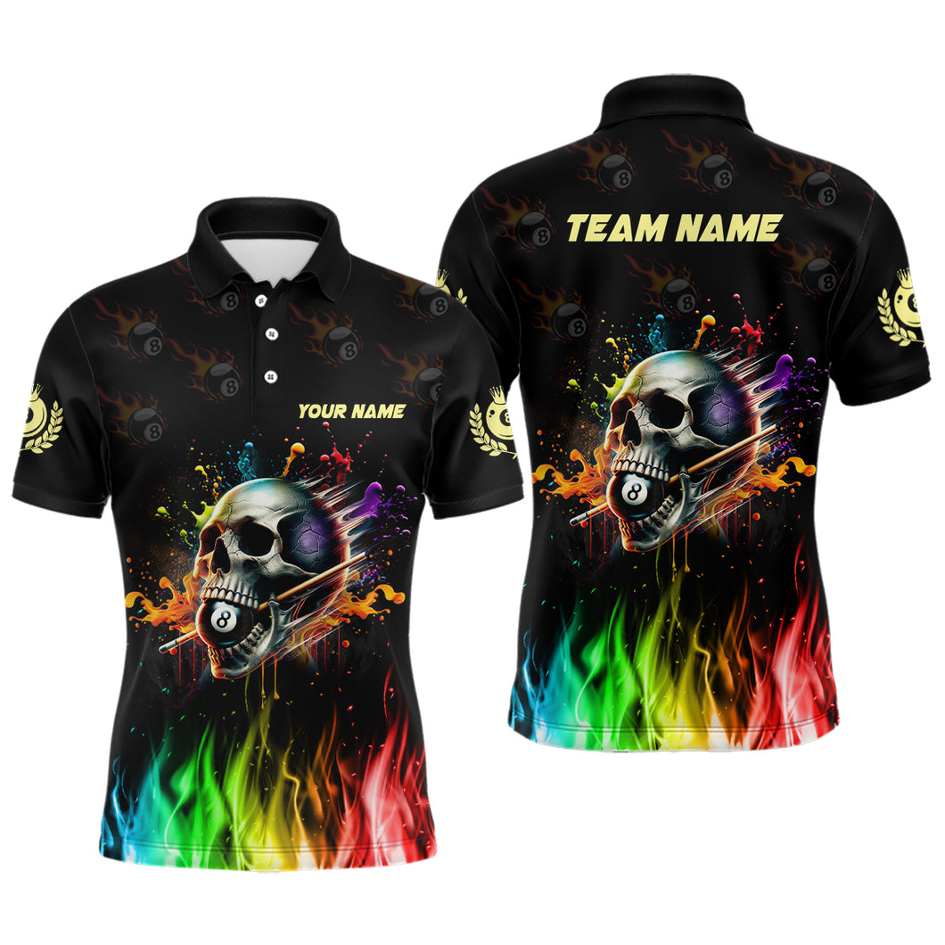Funny Billiard Colorful Skull Personalized Men Polo Shirts, Custom Team Name Billiard Attire TDM1066